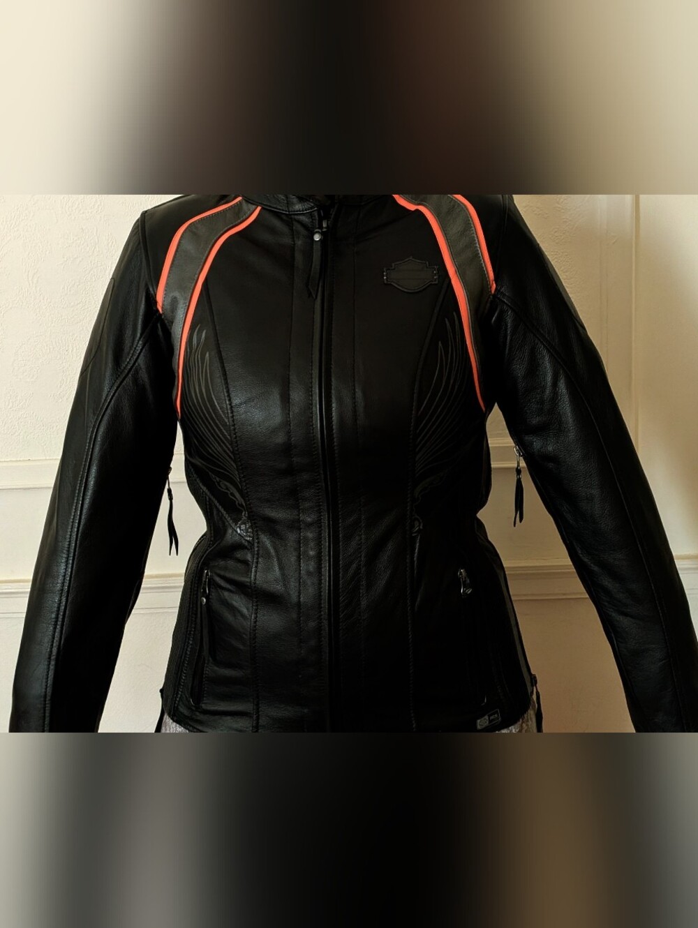 Harley-Davidson Black Leather Jacket with Orange Piping